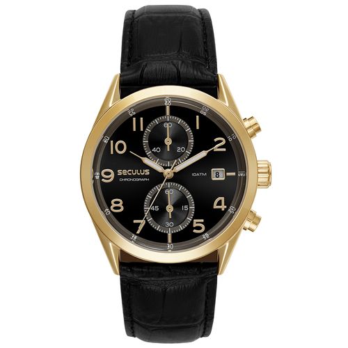 Relógio Masculino Analógico Cronógrafo Couro Croco Preto