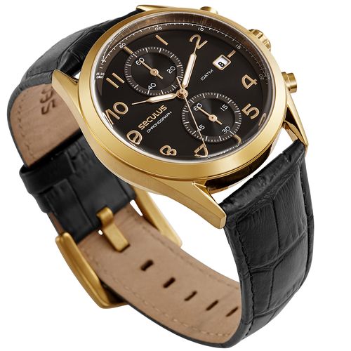 Relógio Masculino Analógico Cronógrafo Couro Croco Preto