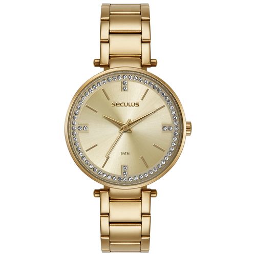 Relógio Feminino Analógico Cristais Visor Amplo Champagne