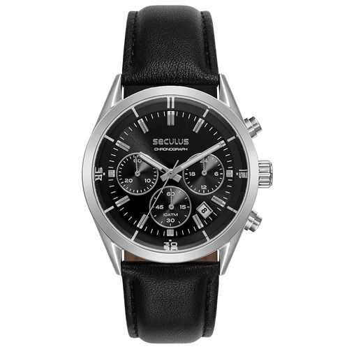 Relógio Masculino Prata Cronógrafo Mostrador Preto