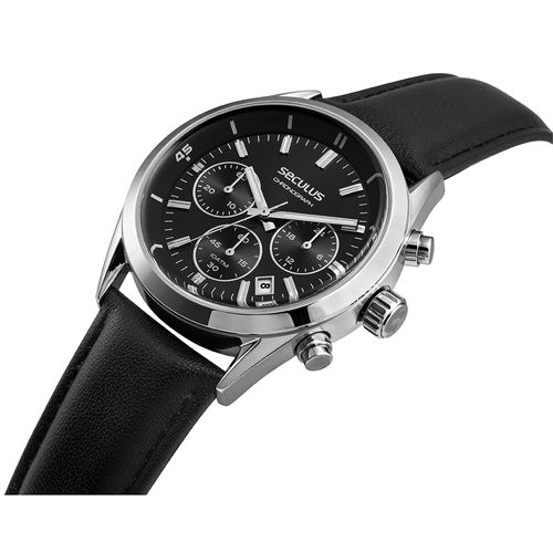 Relógio Masculino Prata Cronógrafo Mostrador Preto