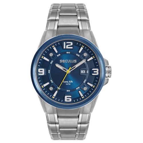 Relógio Masculino Aço Prata Mostrador Azul 3D