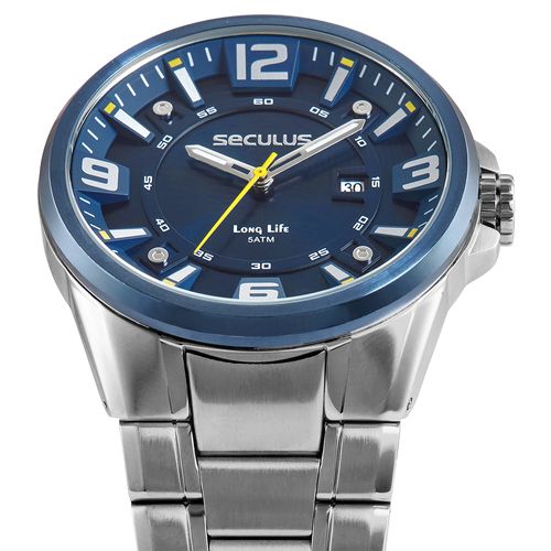 Relógio Masculino Aço Prata Mostrador Azul 3D