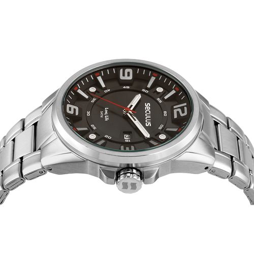 Relógio Masculino Aço Prata Mostrador Preto 3D