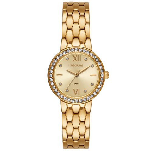 Relógio Feminino Aço Dourado Catraca com Cristais