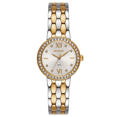 Relógio Feminino Aço Bicolor Catraca com Cristais