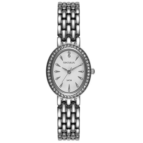 Relógio Feminino Aço Prata Oval com Cristais