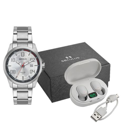 Kit Relogio Masculino Prata em Aço com Fone sem Fio