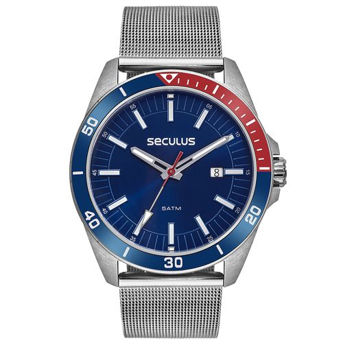 Relógio Masculino com Calendário Malha de Aço Prata