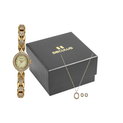 Kit Relógio Feminino Dourado Oval Cristais Colar e Brinco