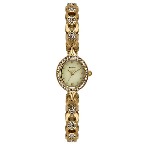 Kit Relógio Feminino Dourado Oval Cristais Colar e Brinco