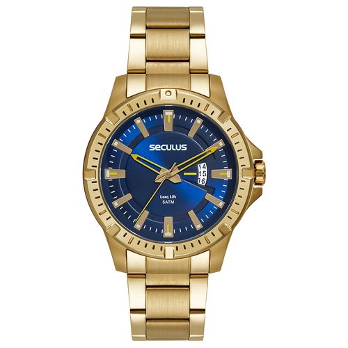 Relógio Masculino Aço Azul Calendário Trava Segurança