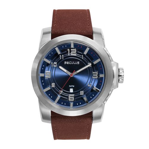 Relógio Masculino Aço Azul Calendário Couro