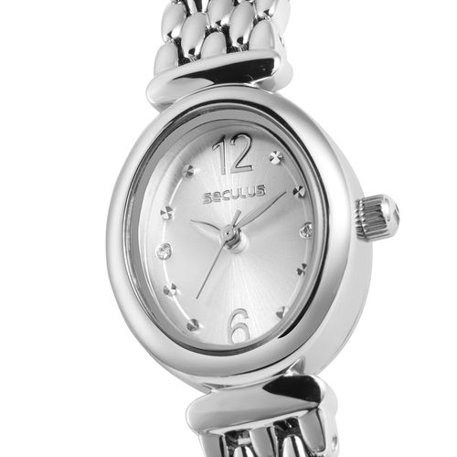 Relógio Feminino Metal Prata Oval Fecho Joalheria