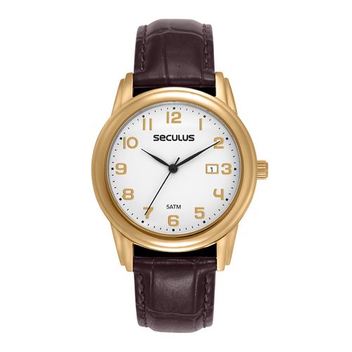 Relógio Masculino Branco Couro Legítimo Calendário 40mm Aço