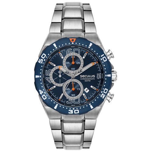 Relógio Masculino Aço Azul Cronógrafo Clássico Index
