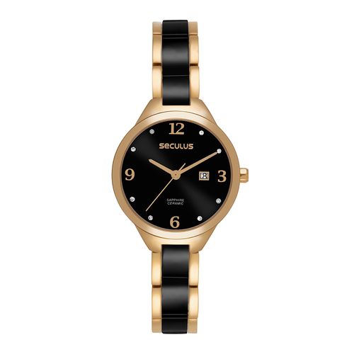 Relógio Feminino Aço Preto Calendário Fecho Joalheria