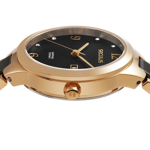 Relógio Feminino Aço Preto Calendário Fecho Joalheria