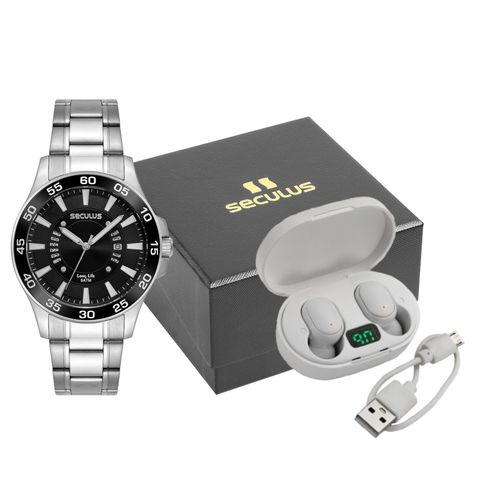Kit Relógio Masculino Prata Aço com Fone de ouvido