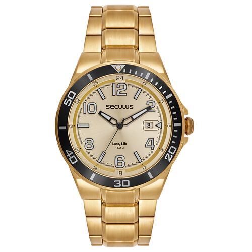 Relógio Masculino Aço Dourado Calendário