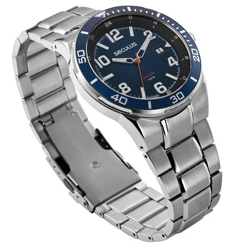 Relógio Masculino Aço Azul Calendário