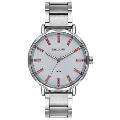 Relógio Feminino Prata Visor Amplo com Pedras