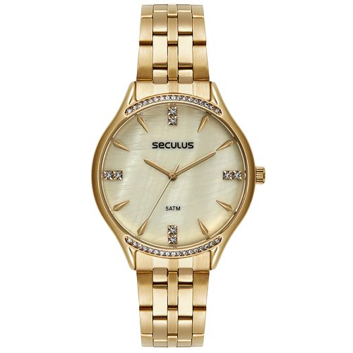 Kit Relógio Feminino Analógico Madre Pérola com Cristais