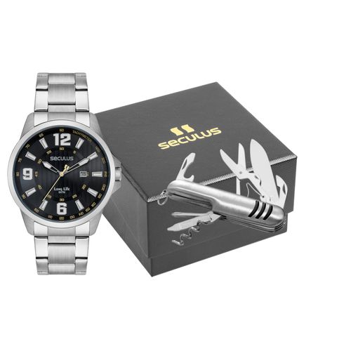 Kit Relógio Masculino Prata Aço Mostrador Index Numeral