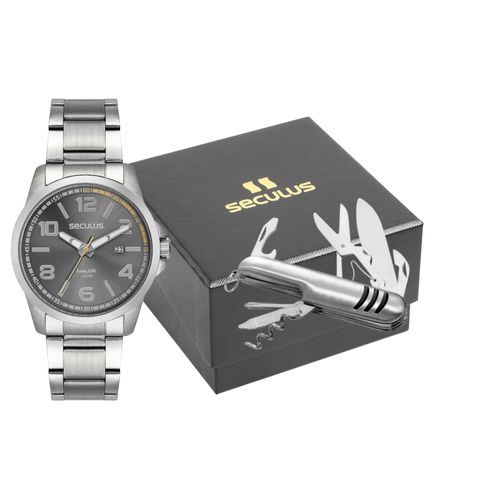 Kit Relógio Masculino Prata Index Numeral Completo