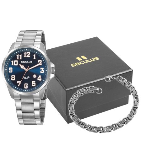 Kit Relógio Masculino Prata Aço Mostrador Numeral