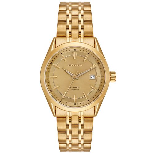 Relógio Automático Masculino Dourado Aço Calendário Index Completo