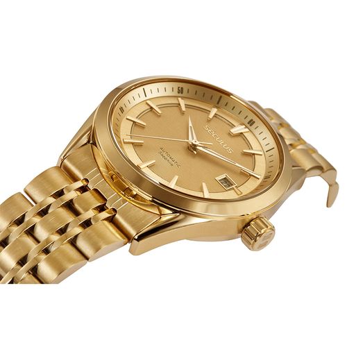 Relógio Automático Masculino Dourado Aço Calendário Index Completo