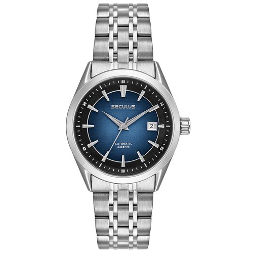 Relógio Automático Masculino Prata Aço Mostrador Azul Calendário