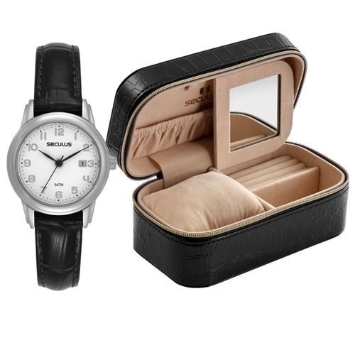 Relógio Feminino Preto Numeral Index Porta-Joias