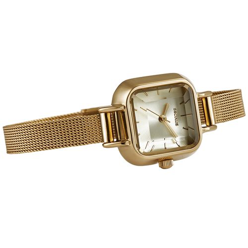 Relógio Feminino Analógico Vidro Facetado Dourado malha aço