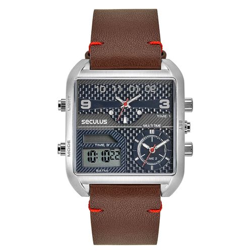 Relógio Masculino Anadigi Quadrado Couro Prata