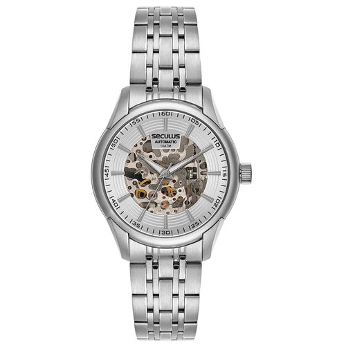 Relógio Automático Masculino Skeleton Aço Prata