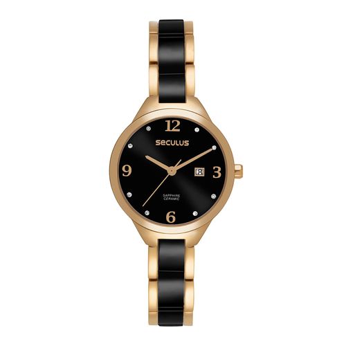 Relógio Feminino Aço Preto Calendário Fecho Joalheria