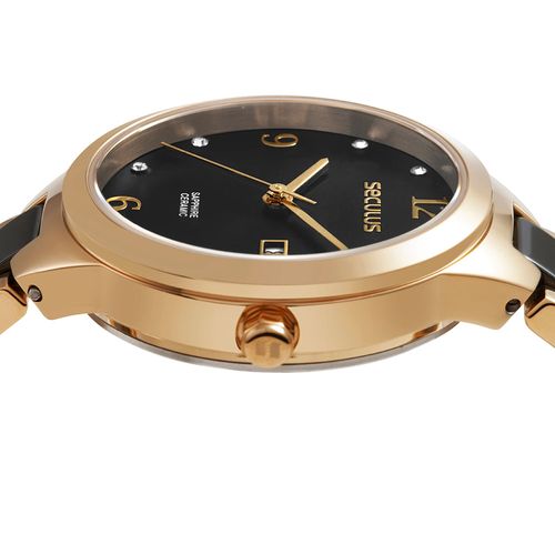 Relógio Feminino Aço Preto Calendário Fecho Joalheria