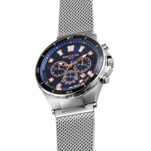 Relógio Masculino Prata Cronógrafo Aço com Bisel em Alumínio