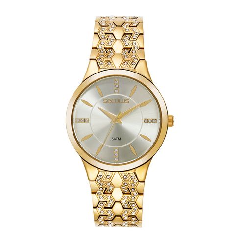 Relógio Feminino Analógico Dourado Detalhes em Cristais