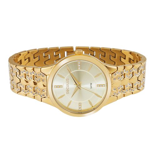 Relógio Feminino Analógico Dourado Detalhes em Cristais