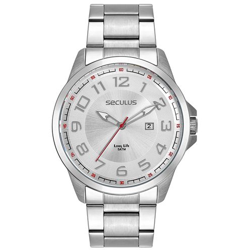 Relógio Masculino Analógico Calendário Prata Numeração Completa