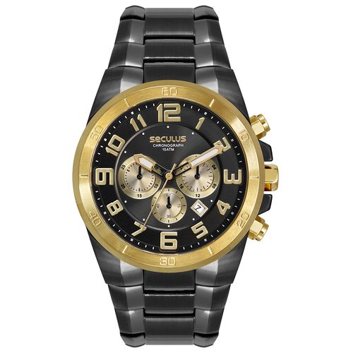Relógio Masculino Cronógrafo Aço Preto com Dourado