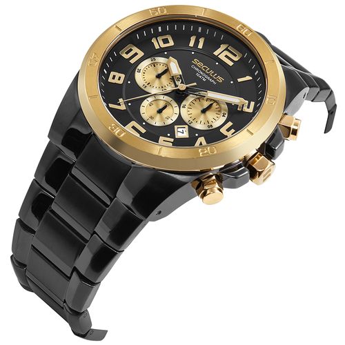 Relógio Masculino Cronógrafo Aço Preto com Dourado