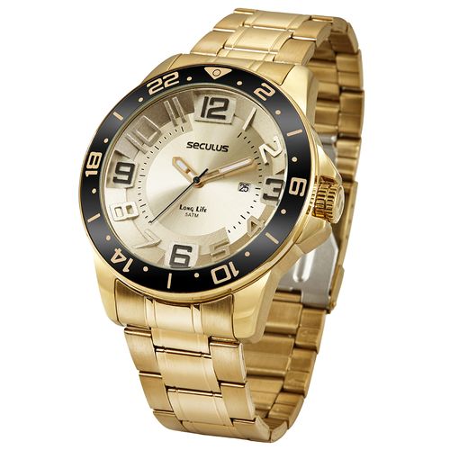 Relógio Masculino Dourado com Calendário Aro 3D