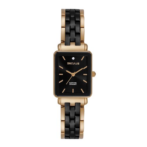 Relógio Feminino Cerâmica Quadrado Preto Dourado