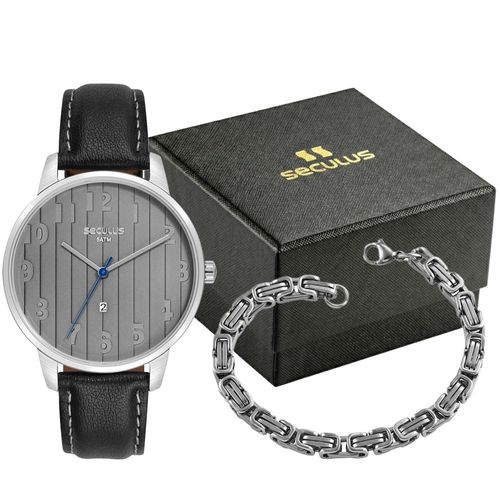Kit Relógio Masculino Prata Couro e Pulseira em Aço