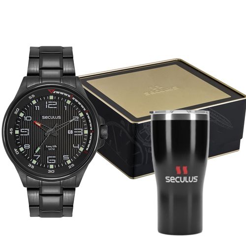 Kit Relógio Masculino Preto Aço Tulipa Térmica