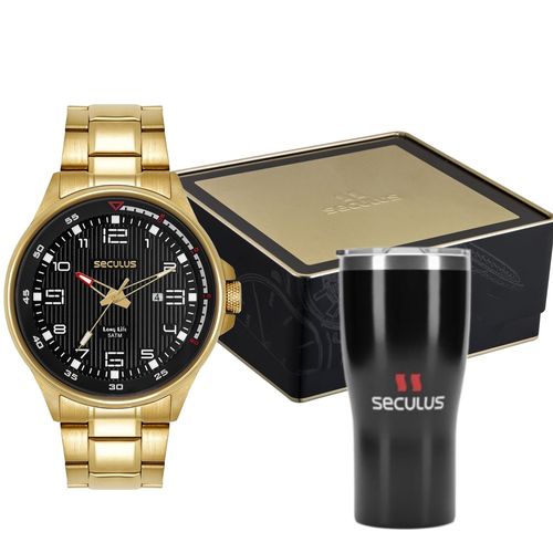 Kit Relógio Masculino Dourado Aço Tulipa Térmica